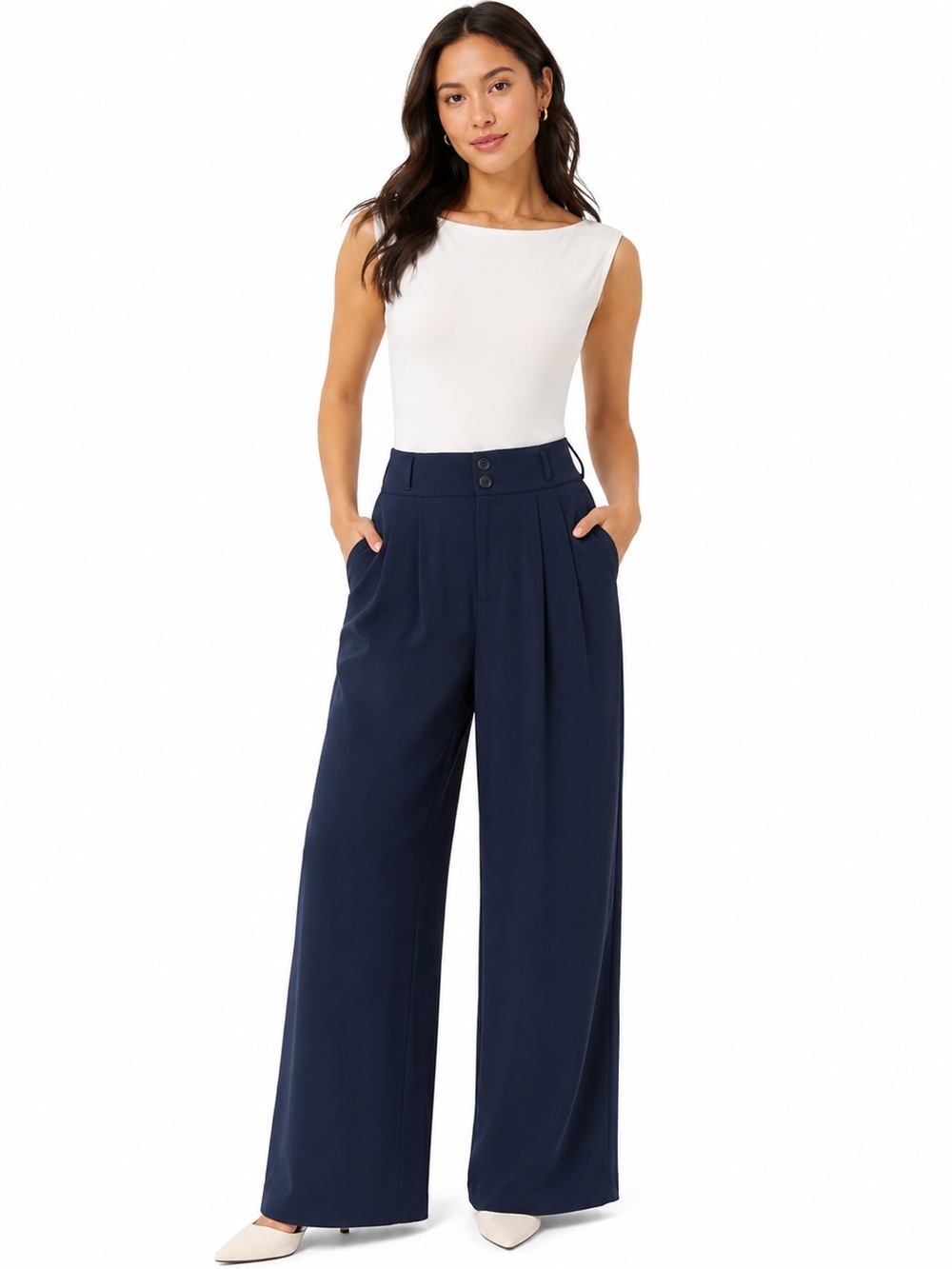 NWT Halara Petite Wide Leg Trouser Pants Navy Elastic Back Waist S petite